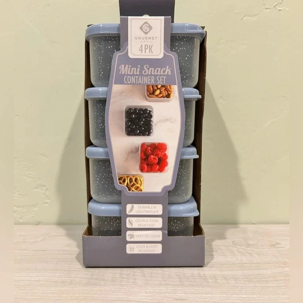 4 PK MINI SNACK CONTAINER SET. STACKABLE. EASY OPEN. BRAND NEW!!